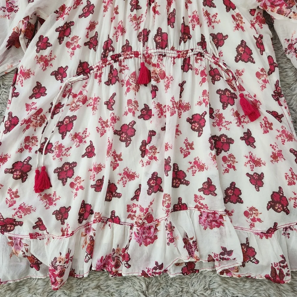 Free People Camella Mini Dress‎ White And Pink Floral Print Women's Size Large